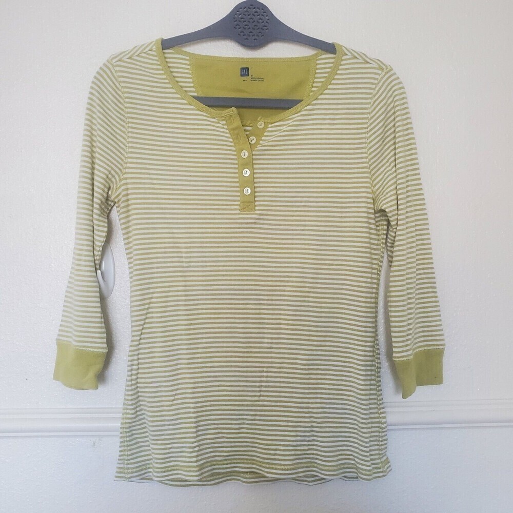 Gap Henley Long Sleeve Top Green Striped Womens Sz M Stretch Lightweight